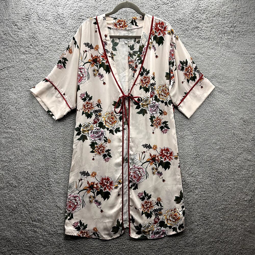 Haute Monde Women's Small Floral‎ Long Kimono 3/4 Sleeves Silky Front Tie Lounge
